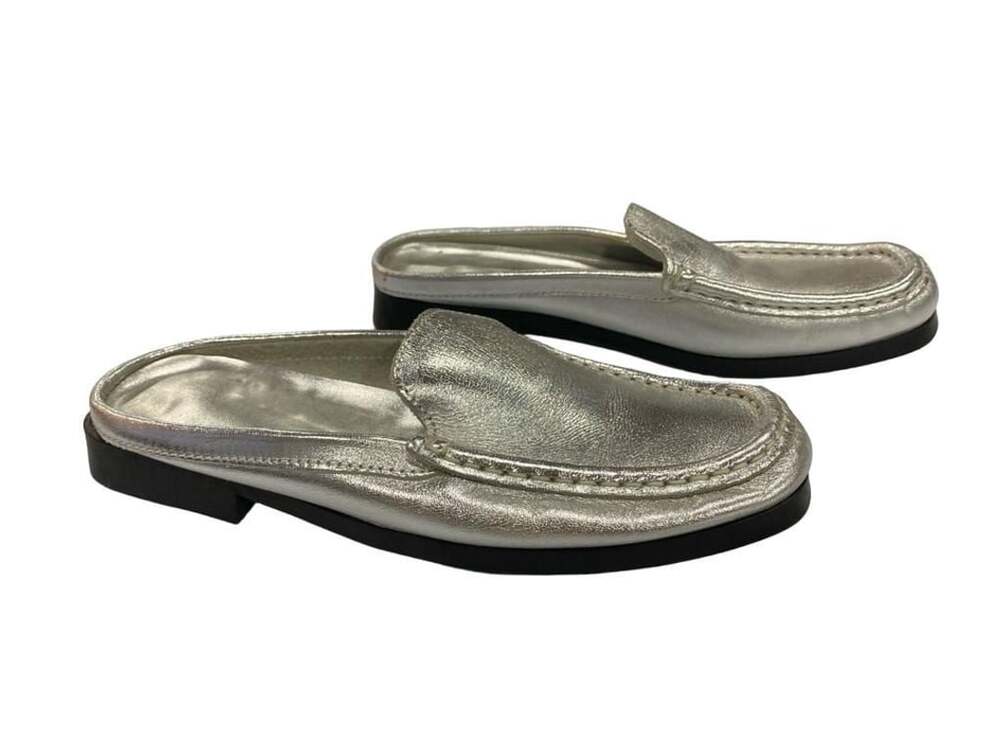 Silver Metallic Leather Backless Loafer Mules Size 39 US 8.5